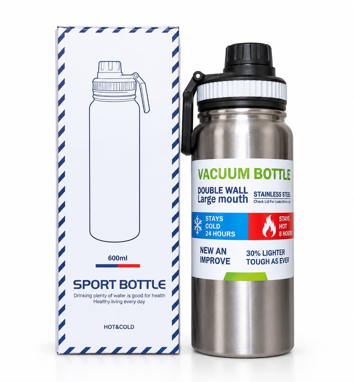 600ml Stainless Steel Water Bottle - Double Wall Insulated Flask - Image 3