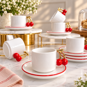 Ceramic Coffee Cup Set with Cherry-Shaped Handles