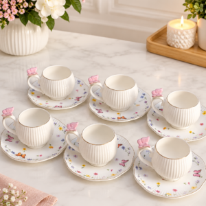White Ceramic Coffee Cup Set with Butterfly