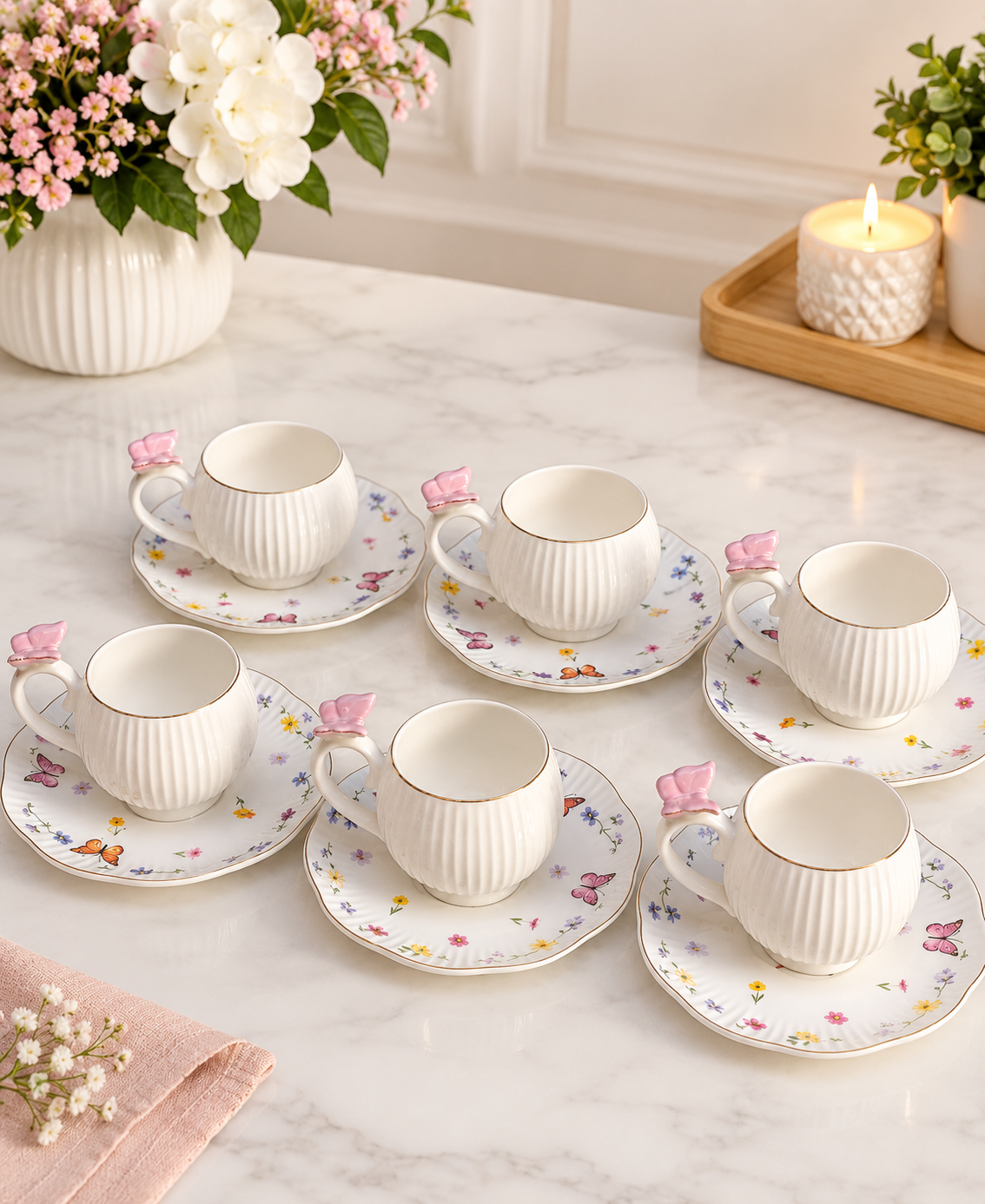 White Ceramic Coffee Cup Set with Butterfly