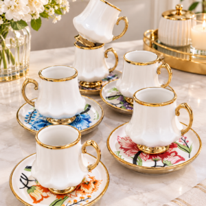 Elegant Coffee Cup Set with Floral Saucers and a Gold Touch