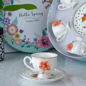 White Ceramic Coffee Cup Set with 3D Orange Floral Design