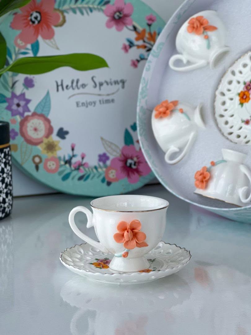 White Ceramic Coffee Cup Set with 3D Orange Floral Design