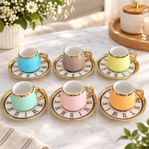 Pastel Coffee Cups with Roman Numeral Saucers