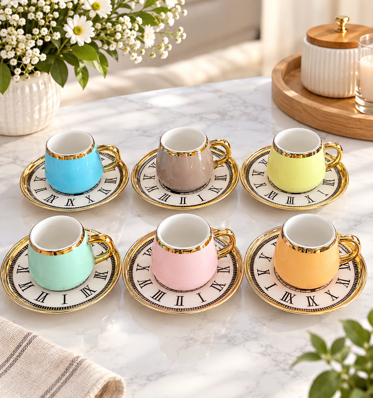 Pastel Coffee Cups with Roman Numeral Saucers
