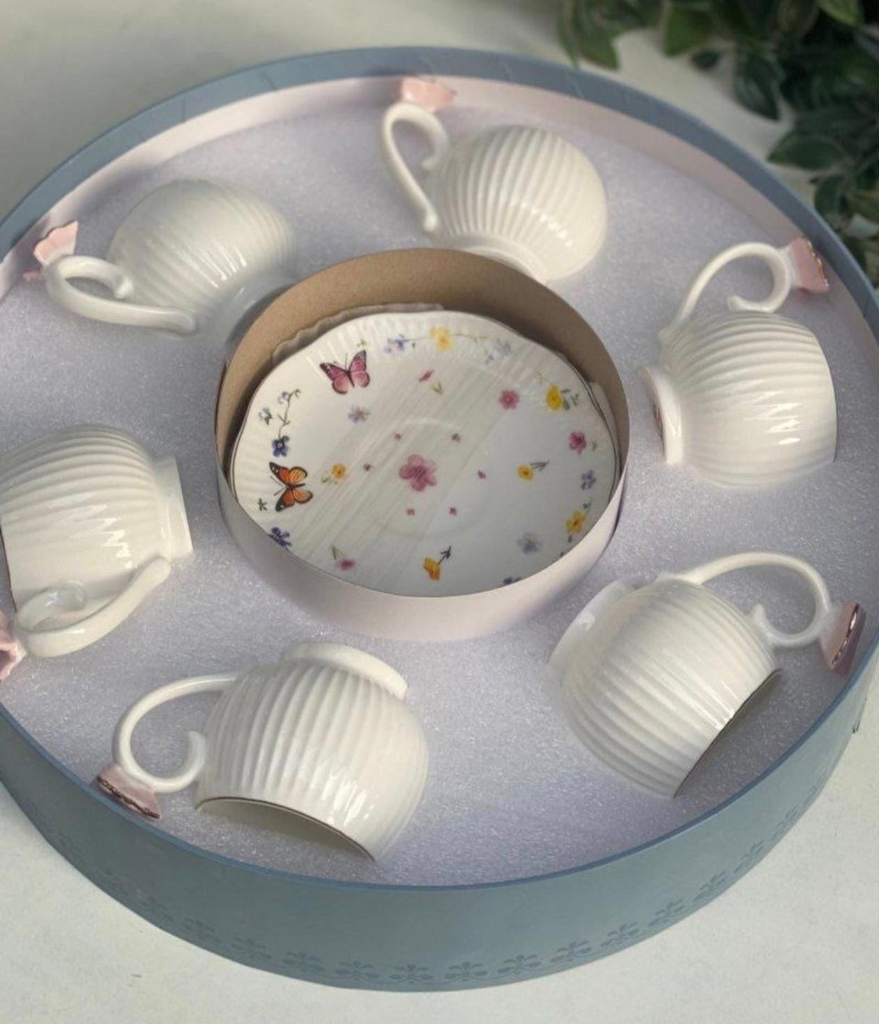 White Ceramic Coffee Cup Set with Butterfly - Image 3