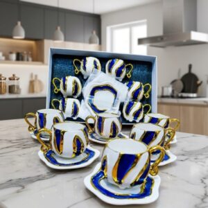 White and Blue Coffee Cup Set with a Touch of Gold