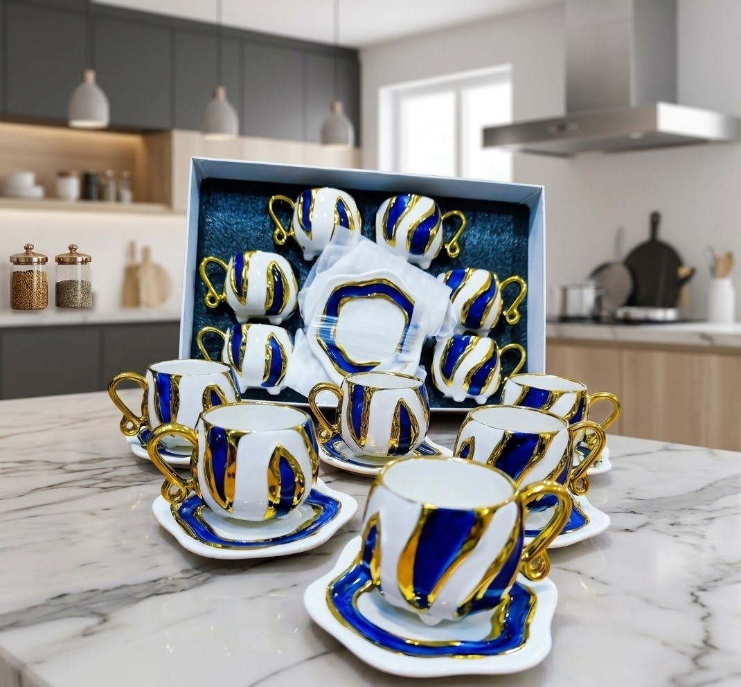 White and Blue Coffee Cup Set with a Touch of Gold