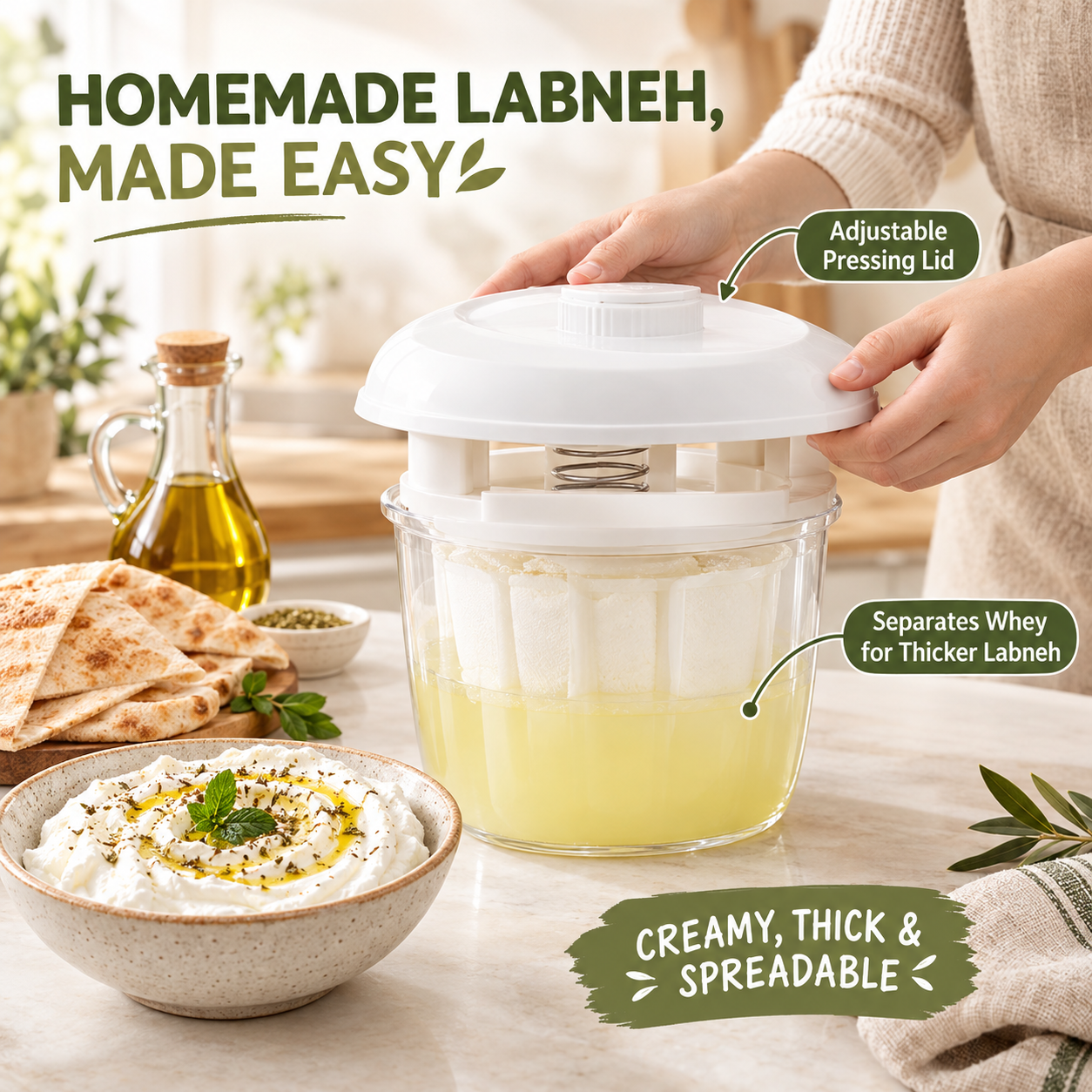Labneh & Greek Yogurt Maker with Fine Mesh Bag and Lid